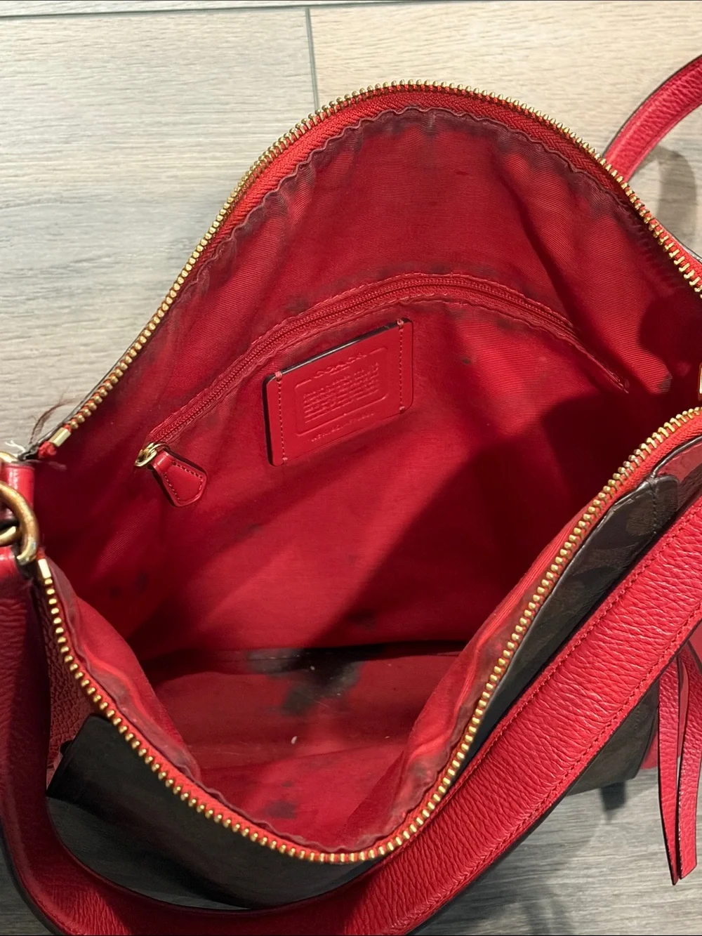 Coach Brown Signature Canvas Shoulder Bag with Red Leather Trim